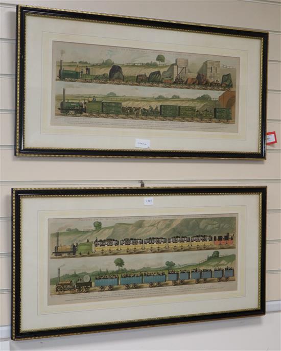 Raphael Tuck & Sons, pair of chromolithographs, Travelling on the Liverpool and Manchester Railway 1831, 24 x 65cm